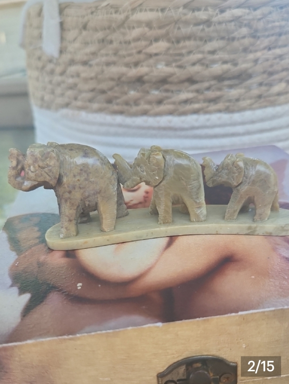 Vintage Chelsea Hand Carved Marble 3 Elephants Walking Family collectible